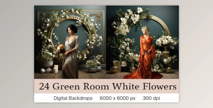 24 Green Room White Flowers Backdrops