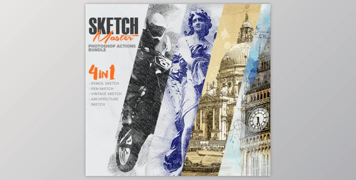 4-in-1 Sketch Master Photoshop Action Bundle By IndWorks (ABR, PAT, ATN)