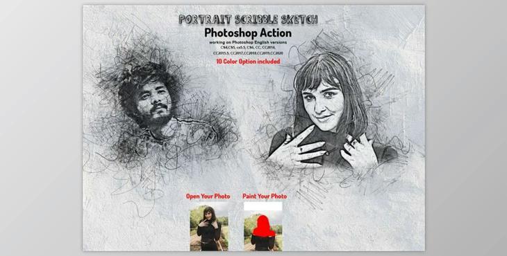 Portrait Scribble Sketch PS Action CreativeMarket-5893102