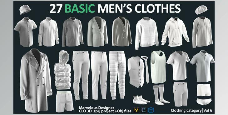 Artstation – 27 BASIC MEN’S CLOTHES PACK / Marvelous Designer / CLO3D + ZPRJ + OBJ + material