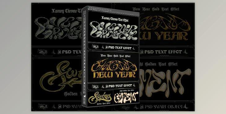 Bundle 4 PSD Y2K Golden Text Effect - 92004790