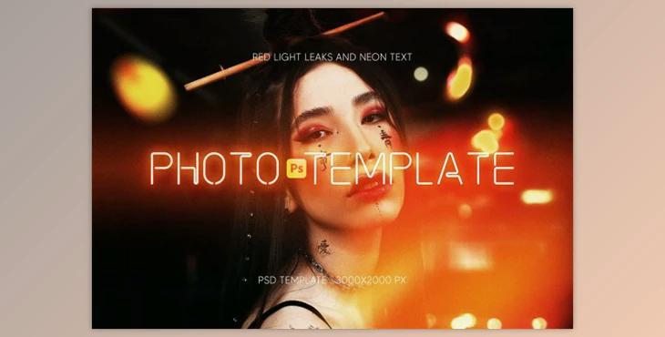 Photo Template With Red Light Leaks and Neon Text by Sko4 (PSD, PDF)