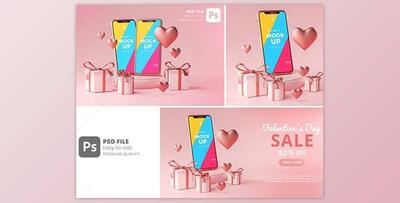 Smartphone Mockup Valentine Day Sale Love Heart Shape and Gift Box 3D Rendering GraphicRiver-30090503 (PSD)