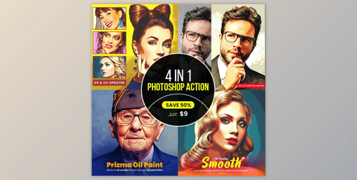 4 in 1 Cartoon Oil Painting PS Action Bundle By U Design (ATN)
