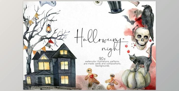 CreativeMarket – Happy Halloween Night. Watercolor 1781273