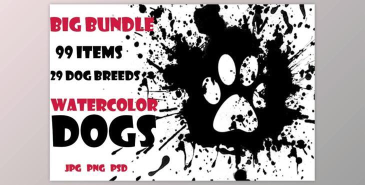 Watercolor Dogs set. Big Bundle By Watercolor & Vector (JPG, PSD, PNG)