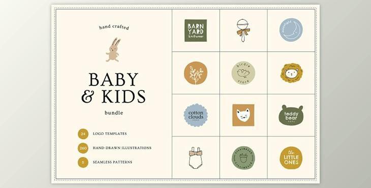 Creativemarket – BABY & KIDS Logos Doodles Patterns
