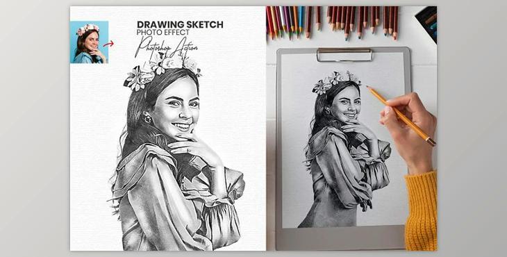Drawing Sketch Photoshop Action CreativeMarket - 58617878