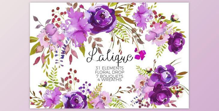 Violet Purple Watercolor Flowers By whiteheartdesign (JPEG, PNG)