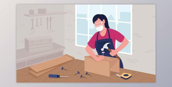 Female cabinetmaker driving nails with hammer flat color animated illustration (Videohive 39472677) - AE Project