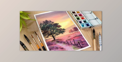 Watercolor Sunset Painting: Learn to Paint Pink Sunset and Tree