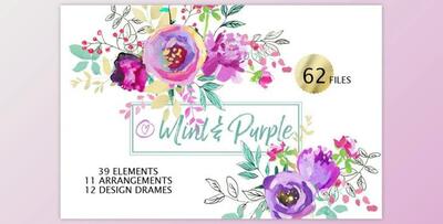 Mint and Purple Watercolor Flowers By whiteheartdesign (PNG)